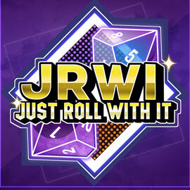 The Just Roll With It logo. It reads "JRWI. Just Roll With It" behind a purple and orange dot matrix with two purple and blue dice.